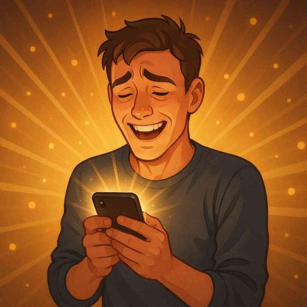 A joyful user holding a shiny new smartphone with glowing light around it, expressing excitement and relief, surrounded by happy family members cheering  