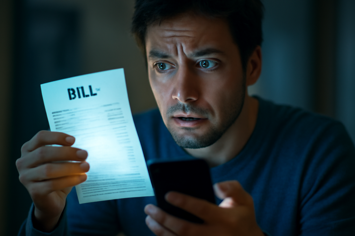 A frustrated person staring at a glowing expensive monthly bill on their laptop screen, holding their smartphone tightly with anger and regret  