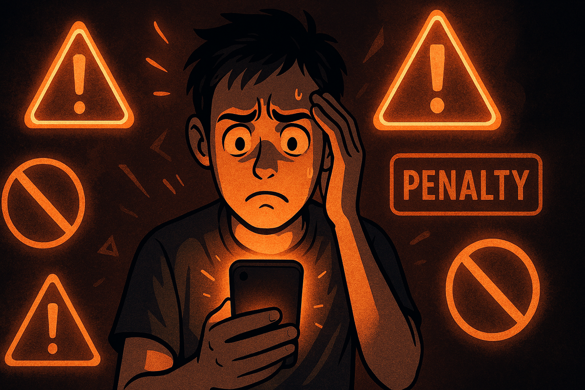 An anxious emotional person with wide eyes looking at a cracked glowing smartphone screen, surrounded by floating penalty fee notices in dark dramatic atmosphere  