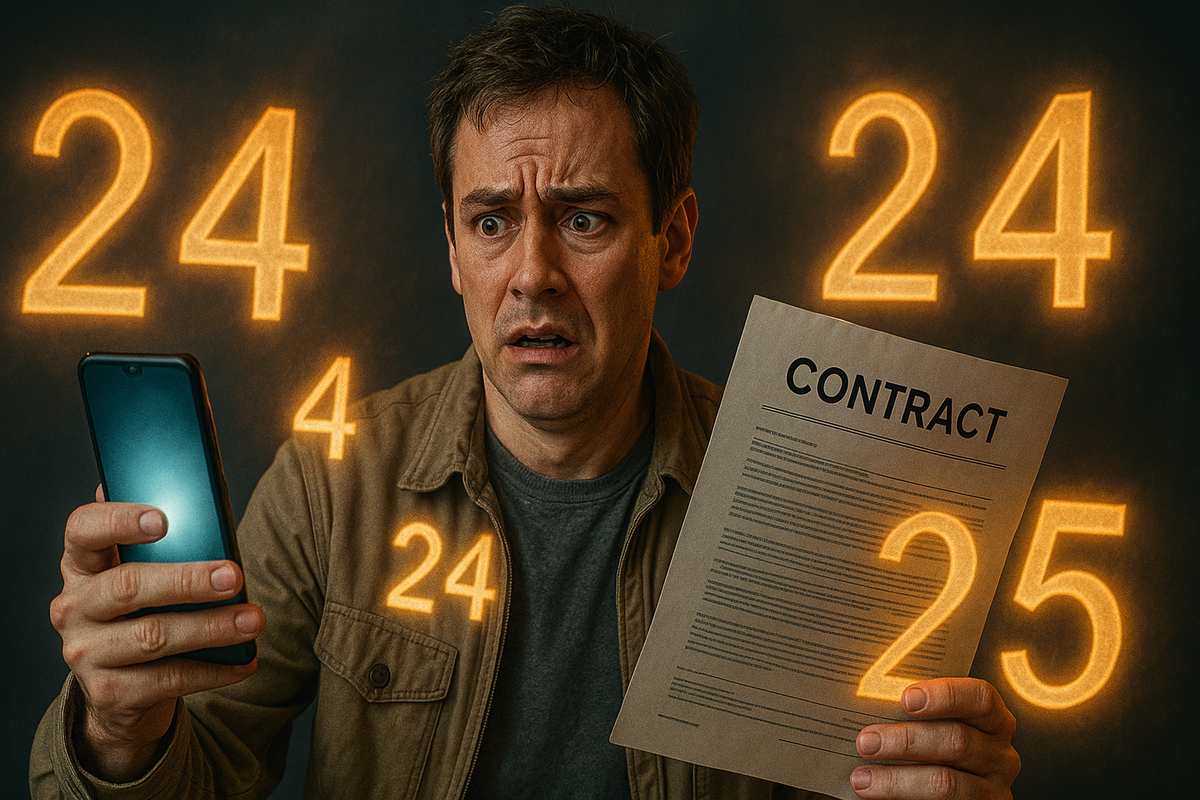 A glowing scene of a person holding a contract with highlighted numbers and timelines floating around, showing stress and curiosity, cinematic light, no logos