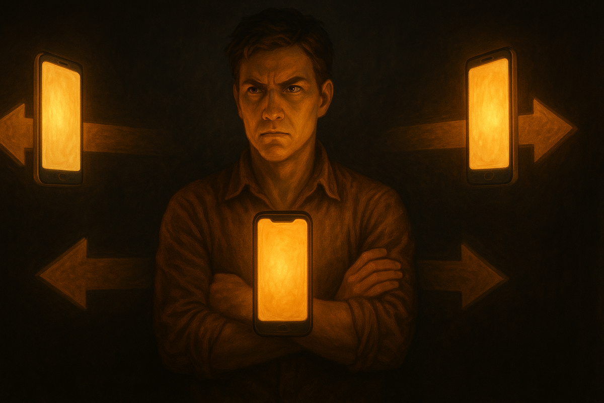 An intense image of a user at a crossroad with glowing arrows pointing to different discounts, smartphones floating in the air, urgent and strategic decision-making expression