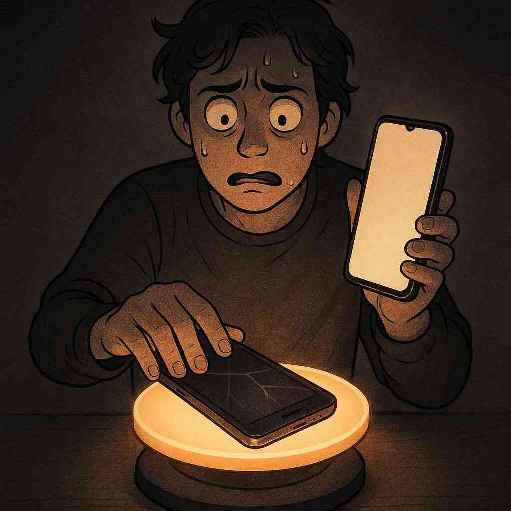 An emotional scene of a user trading in an old glowing phone for a new one, glowing balance scales with money and smartphones, anxious yet hopeful expression