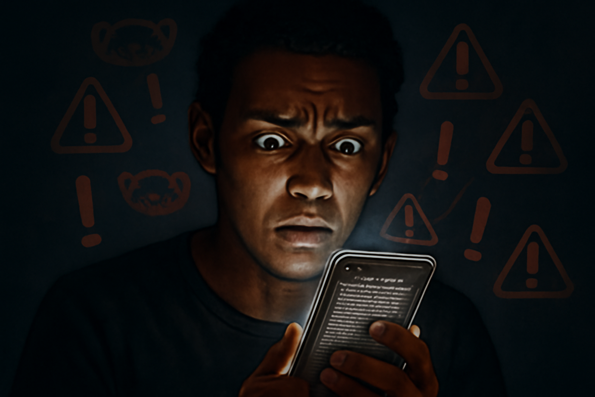 A dramatic image of a stressed user reading fine print glowing on a screen, red warning signs floating, emotional and tense feeling