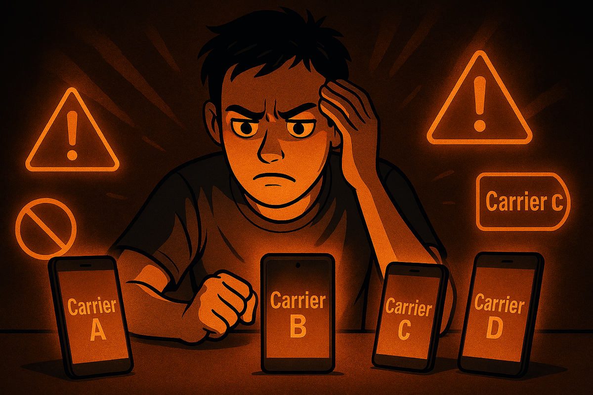 A glowing split-screen image of three roads labeled with glowing signs “Carrier A,” “Carrier B,” and “Apple Store,” a confused person deciding, dramatic cinematic style