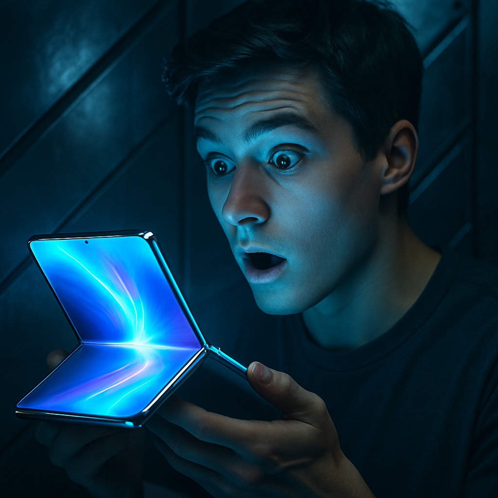 Amazed young man holding a glowing foldable iPhone prototype, symbolizing futuristic specs, design rumors, and emotional excitement for Apple’s innovation.