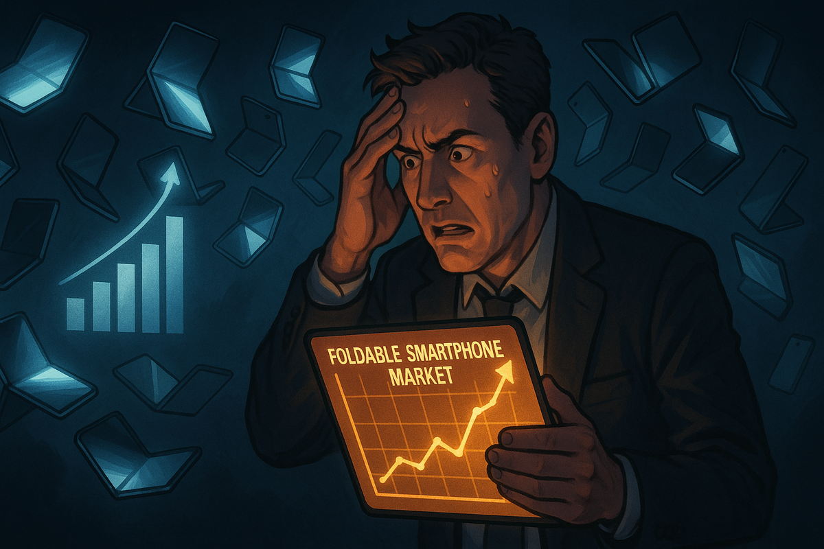 Worried businessman sweating while analyzing the booming foldable smartphone market, reflecting competition, pricing concerns, and Apple’s disruptive entry.