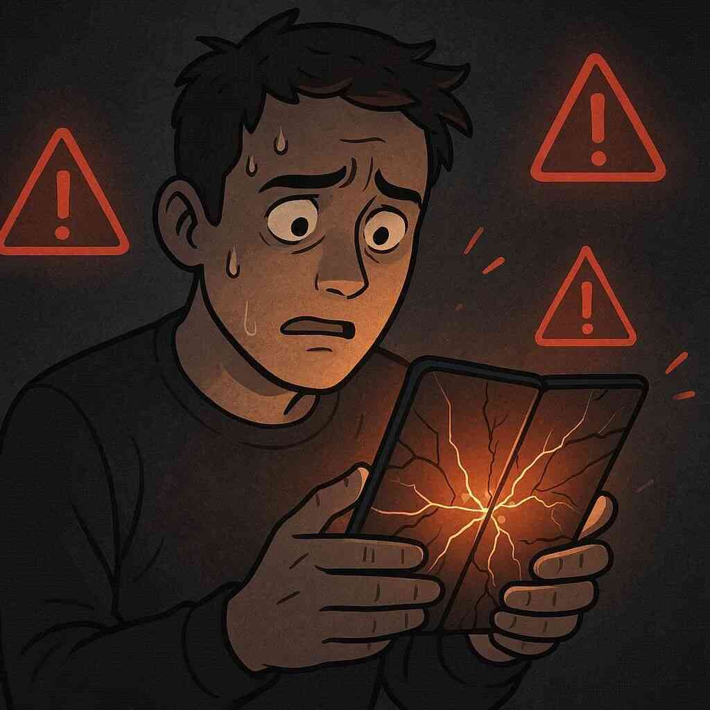 Anxious person staring at a cracked foldable iPhone screen with warning signs, symbolizing durability concerns, repair costs, and emotional risk of early adoption.