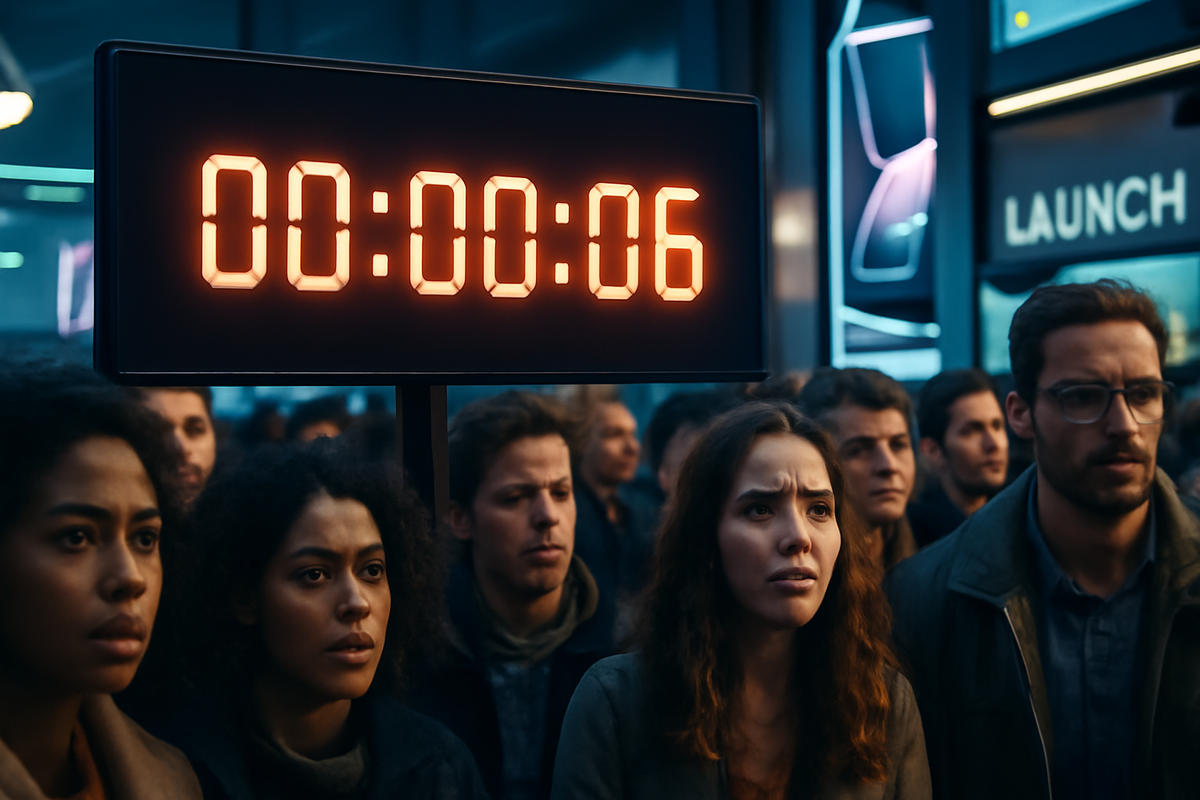 Crowd anxiously waiting in front of a dramatic countdown clock for the foldable iPhone launch, filled with tension, anticipation, and emotional hype.