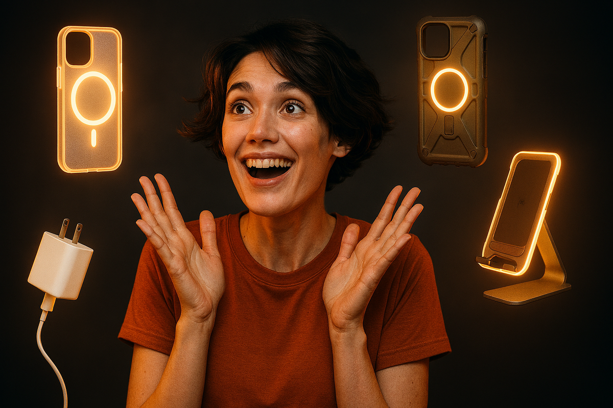 Excited woman surrounded by glowing iPhone accessories, highlighting the importance of protective cases, chargers, and stands for foldable iPhone users.