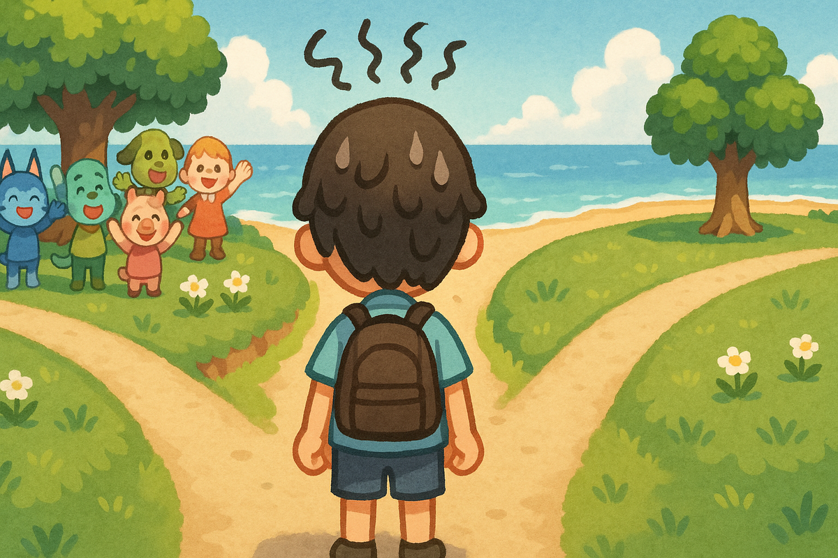 Confused player sweating at a crossroad between happy villagers and an empty path, emotional dilemma of choosing save data or starting fresh.