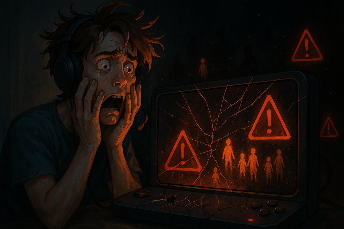 Terrified gamer crying in front of a cracked screen filled with red warning signs, emotional despair over data loss and vanished villagers.