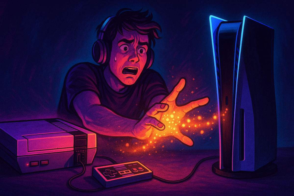 Relieved player calmly pointing at glowing step-by-step arrows, emotional clarity while following safe migration instructions.