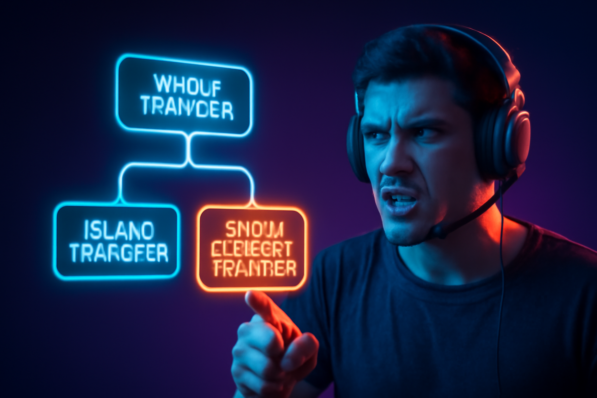 Frustrated gamer pointing at a glowing futuristic flowchart of transfer options, emotional struggle in deciding the right migration method.