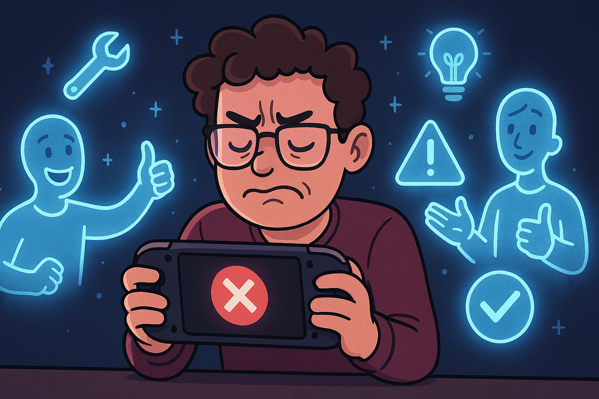 Sad player holding console with error sign, surrounded by glowing icons of fixes and solutions, emotional mix of frustration and hope for recovery.
