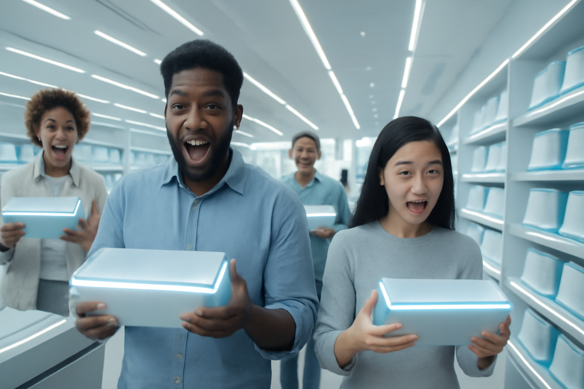 Photo of surprised shoppers calmly picking up stacks of glowing game consoles in a bright electronics store, shocked expressions, disbelief, surreal atmosphere
