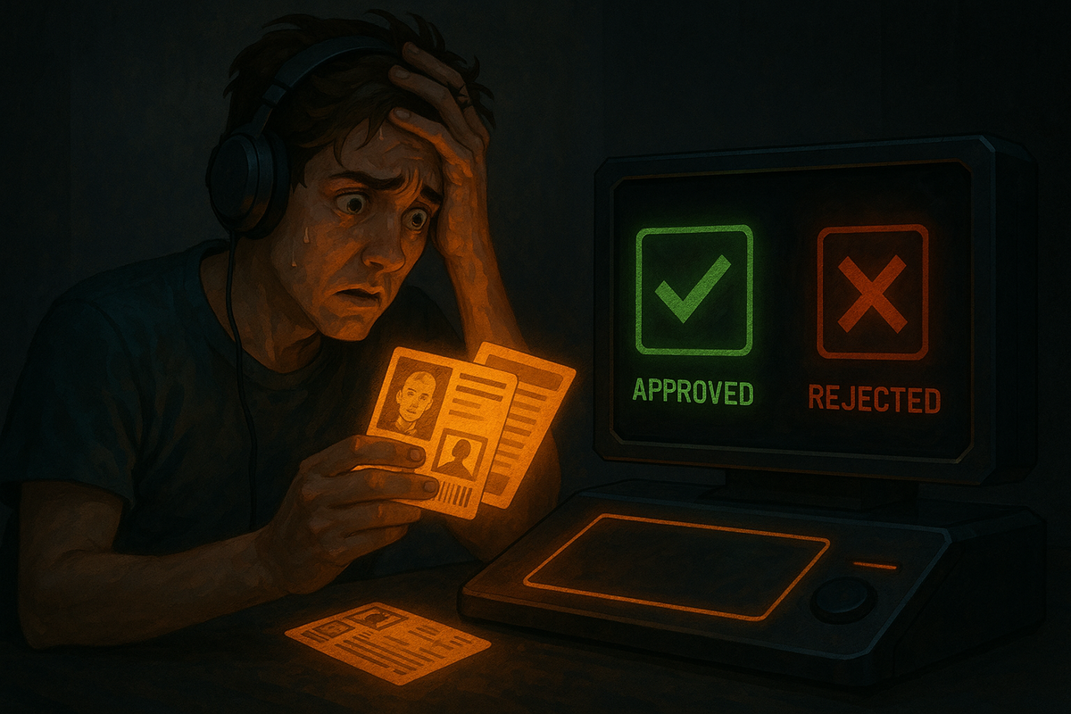 Photo of a determined gamer holding up a glowing golden card in front of a store entrance, intense focus, dramatic contrast lighting, powerful and serious mood