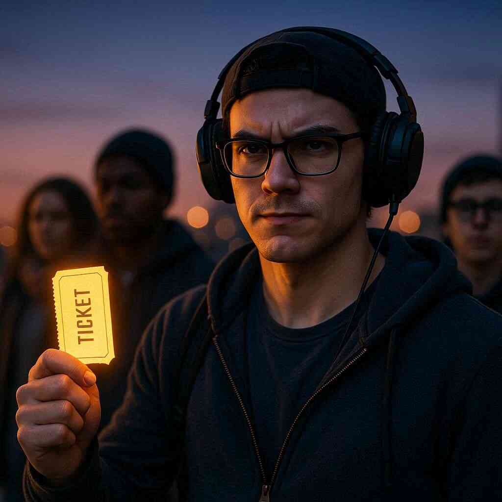 Cinematic shot of a gamer checking a glowing strategy map at dawn, standing in line with determination, tense and dramatic atmosphere