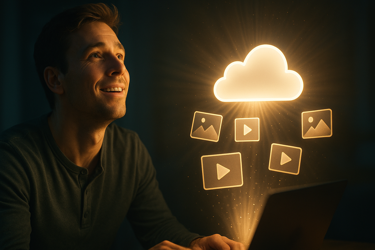 Relieved iPhone owner watching photos and videos shrink into cloud storage optimization