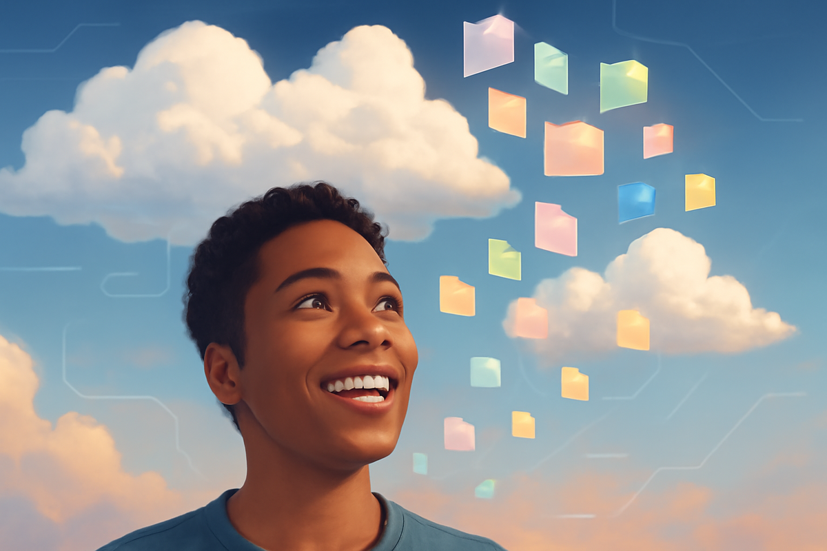 Excited iPhone user connecting device to glowing cloud storage, enjoying unlimited space