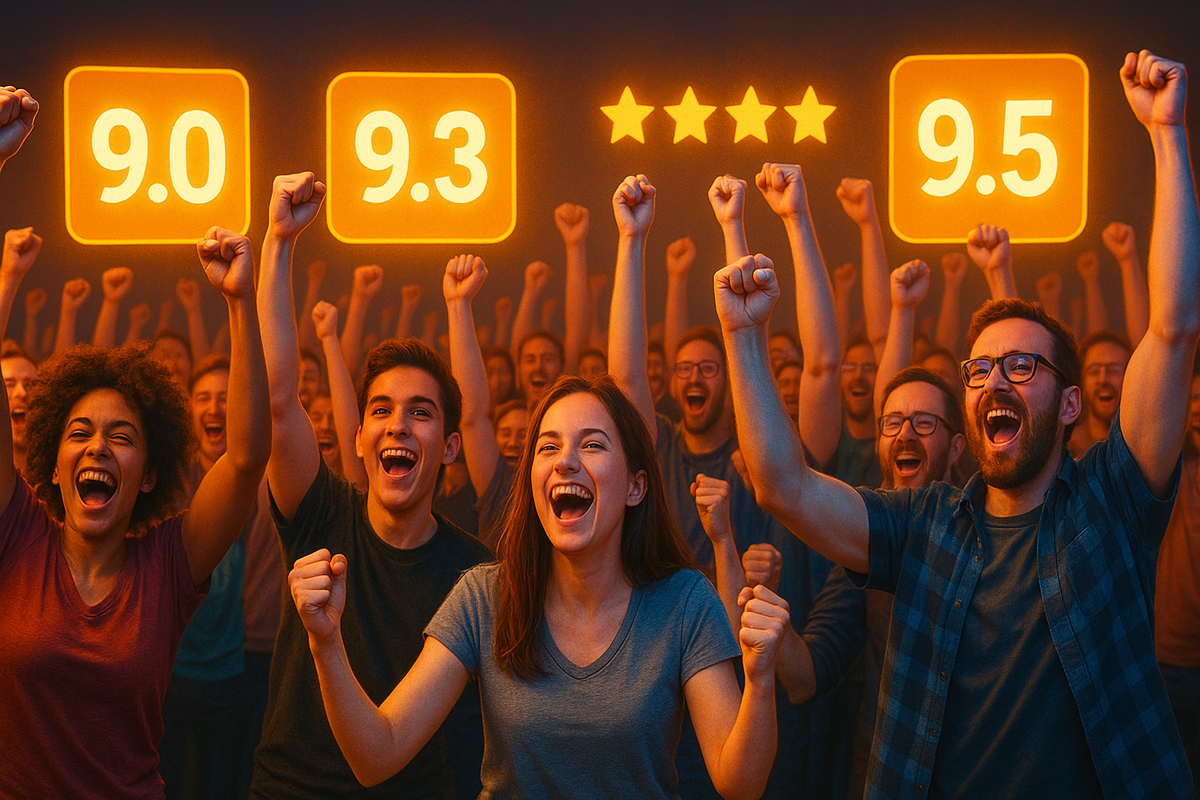 Happy gamer raising arms in triumph after discovering a hidden gem during a limited-time sale