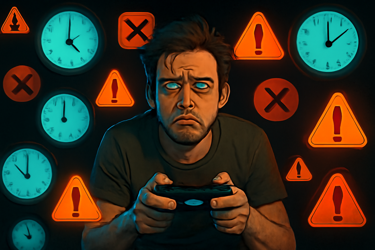 Confused gamer surrounded by floating game icons, symbolizing the difficulty of choosing among multiple discounted titles