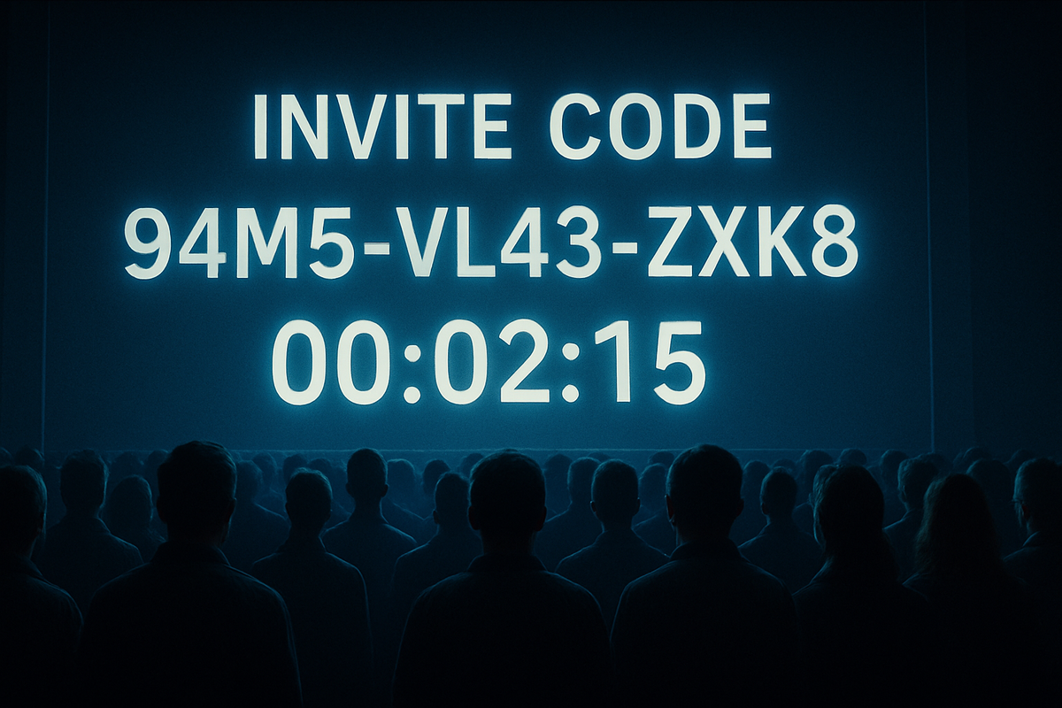 Crowd staring at a giant countdown timer with invitation code, capturing tension and urgency of limited-time access
