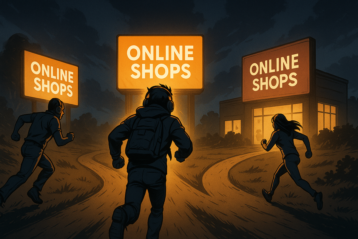 Gamers racing toward glowing online shop signs, symbolizing the thrilling competition of securing rare game deals