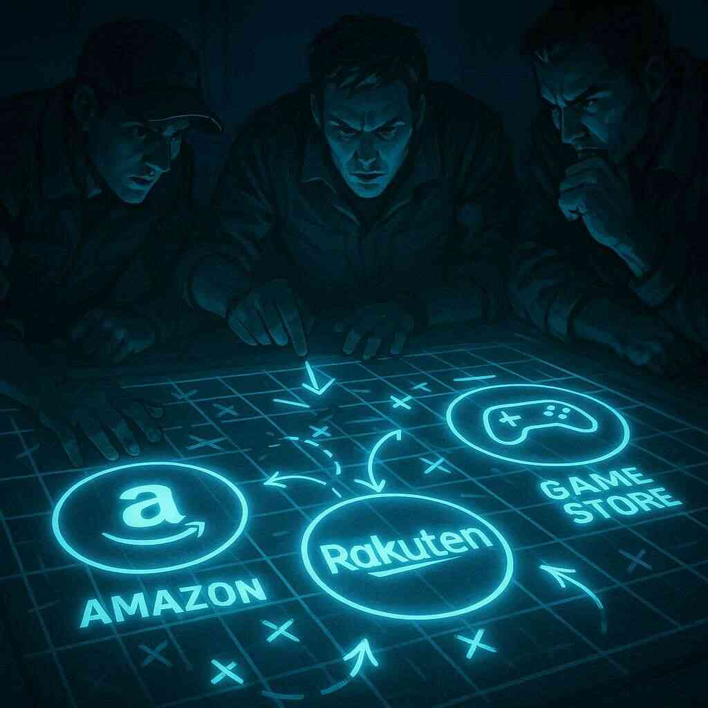 Strategic players planning around a glowing digital map of online stores, representing tactical moves in the gaming preorder battle