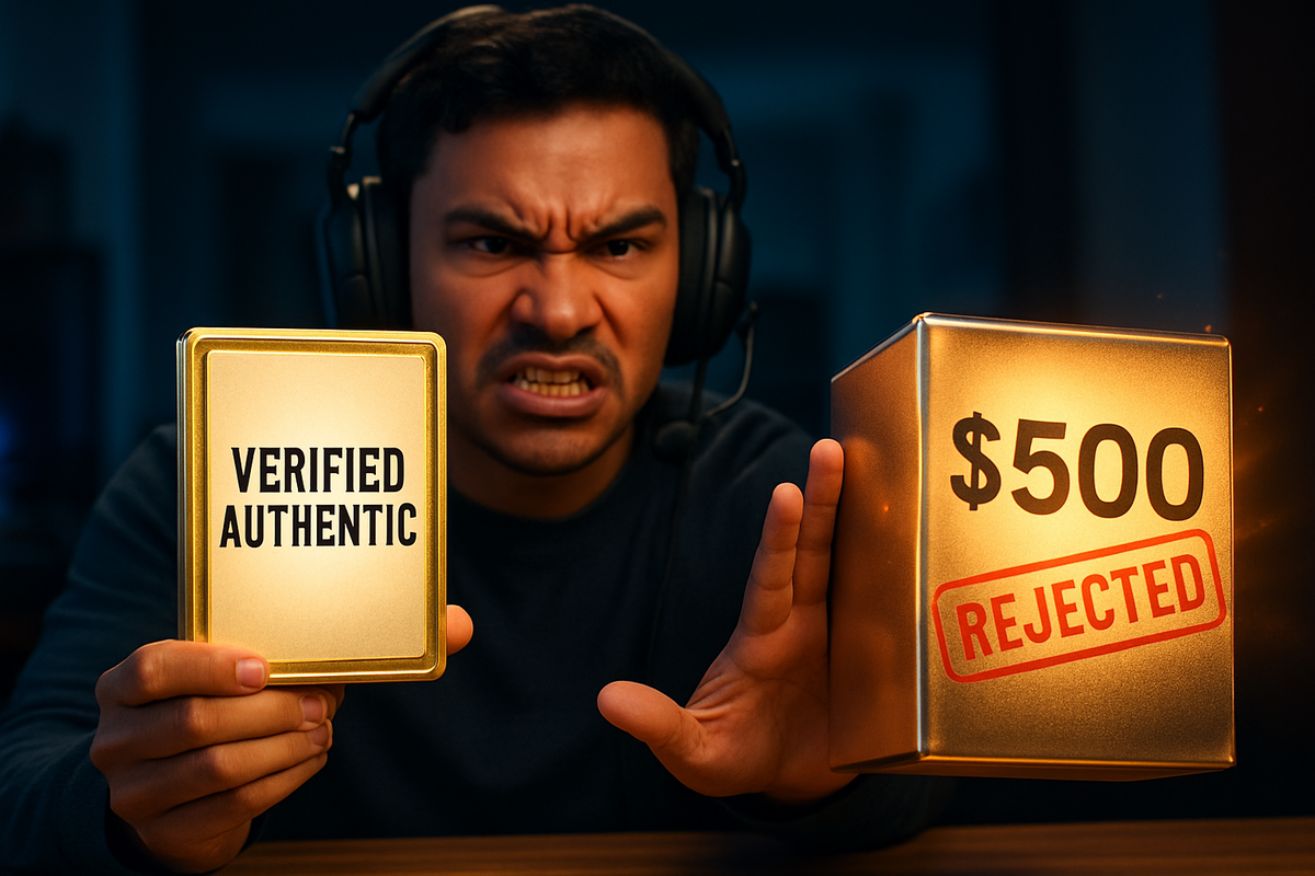 Angry gamer rejecting overpriced item while holding verified authentic product, showing frustration and determination against unfair resellers
