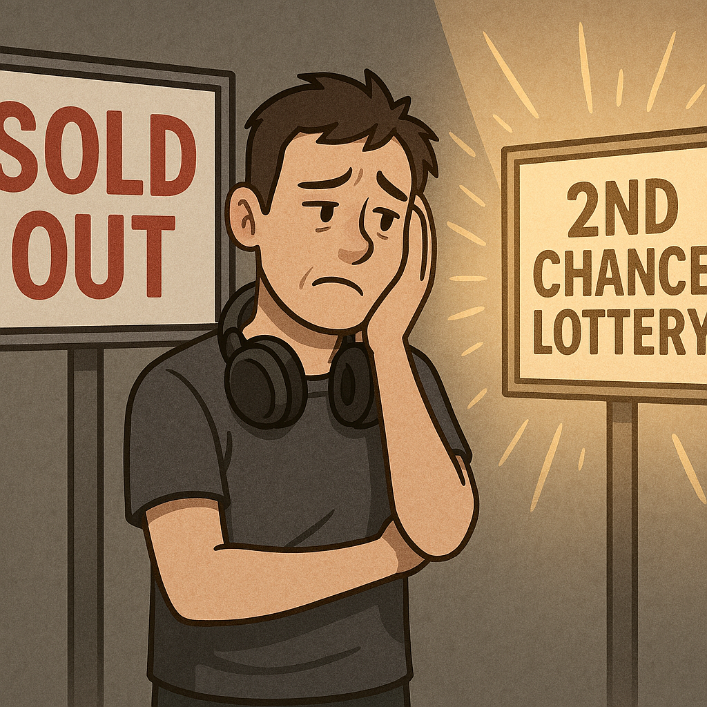 Disappointed gamer standing by sold-out sign but noticing second chance lottery, reflecting hope and despair in the struggle for limited gaming editions