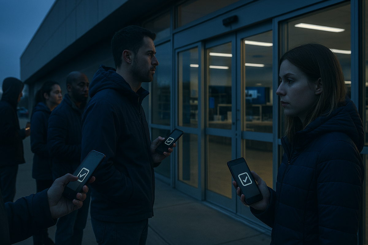 Dawn queue outside a big electronics store, people clutching phones with glowing check marks—urgent preorder energy, tense anticipation, determined faces.