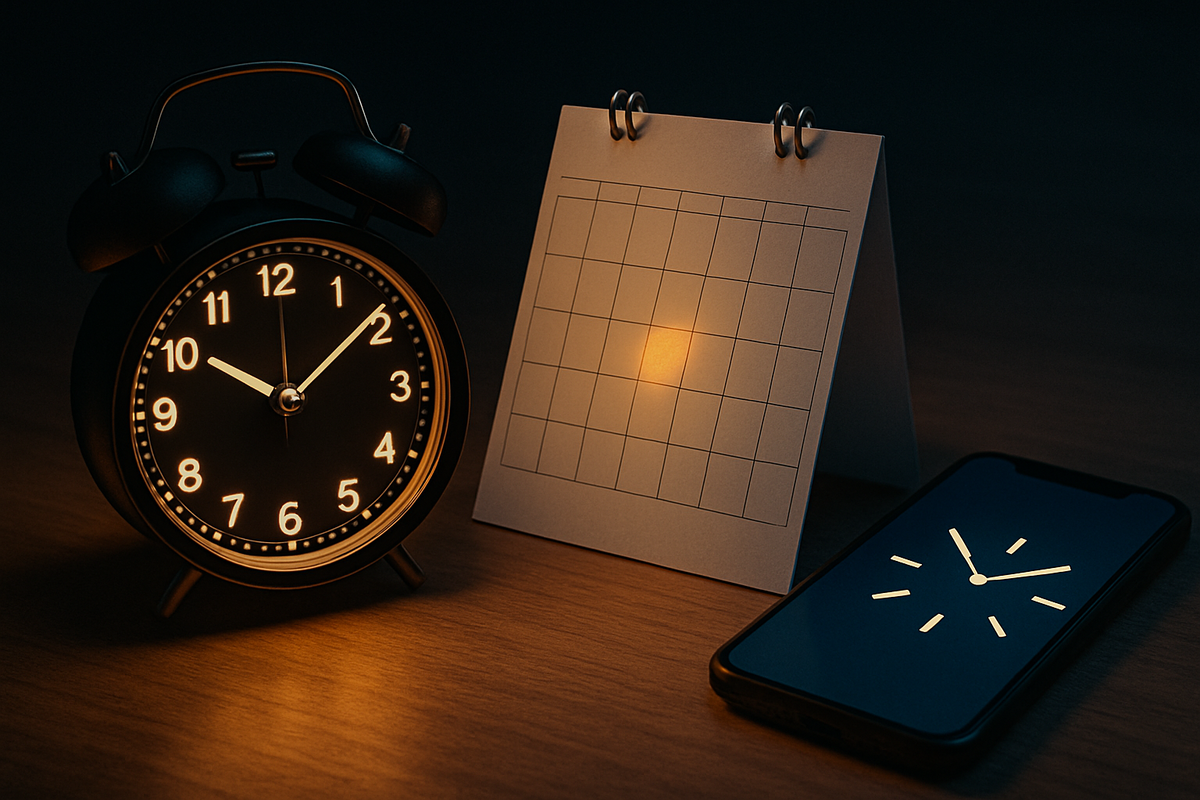 Moody desk with a near-midnight alarm clock, highlighted calendar square, and ready smartphone—countdown to preorder, focused prep, calm before the rush.