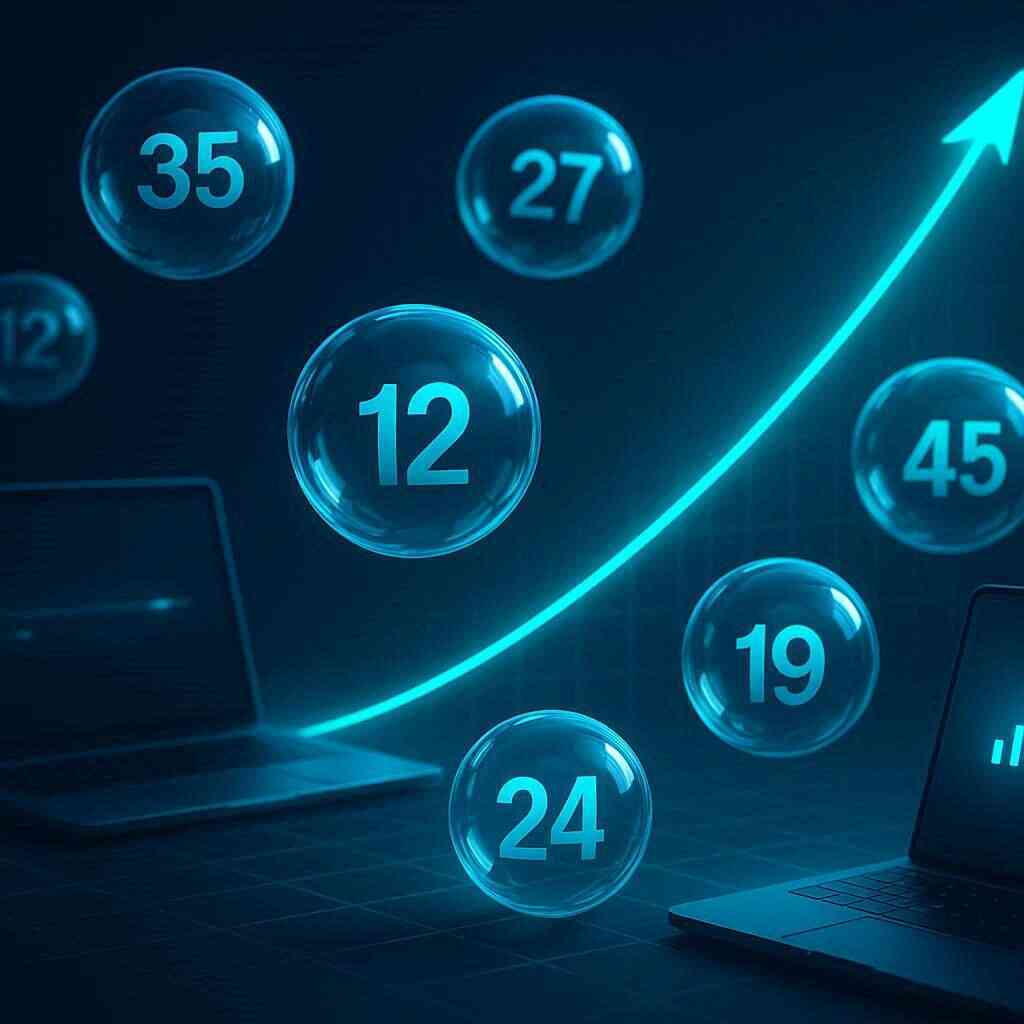 Futuristic odds concept with floating lottery numbers and a rising curve beside multiple laptops—data-driven hope, strategy, probability surging upward.