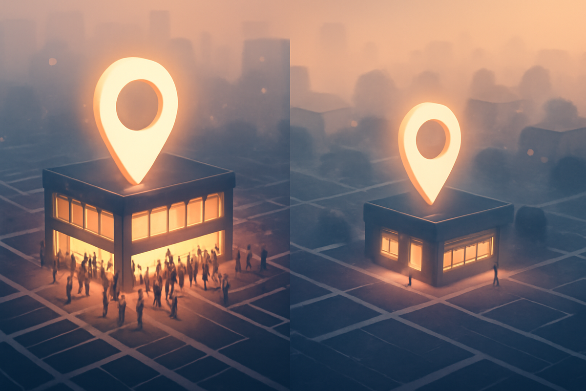 Split city map scene showing a crowded flagship store versus a quiet local shop with giant location pins—smart store choice, hidden-gem optimism at sunrise.