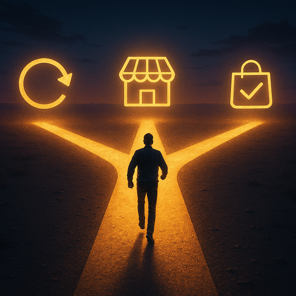 Figure at a glowing three-way path with icons for retry, alternate retailer, and verified purchase—second-chance strategy, resilient spirit, confident comeback.