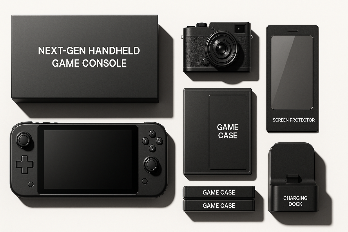 Minimal flat-lay of a next-gen handheld console bundle—camera, screen protector, dock, game cases; premium, curated, satisfying arrangement, deal vibe, ready to unbox.