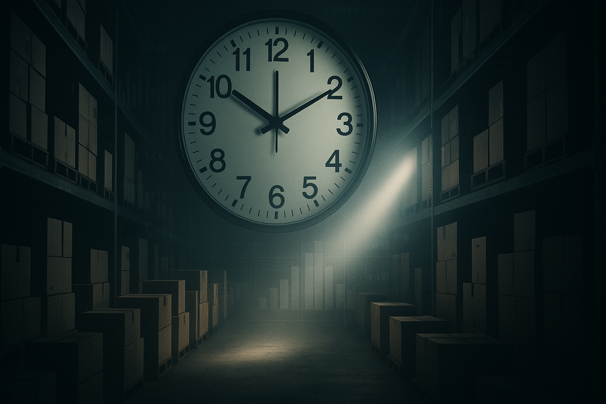 Moody warehouse aisle with a giant ticking clock and fading stacks of boxes—scarcity, urgency, race-against-time inventory drop, suspense, quiet tension in the air.