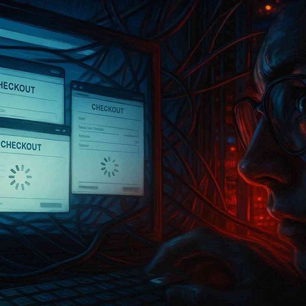 Overloaded checkout windows with spinning loaders, cables, and server glow—traffic surge, network strain, checkout chaos, anxiety, fragile hope during an online drop.