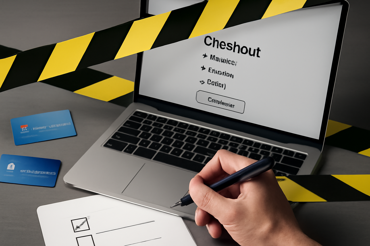 Caution tape across a laptop checkout while a hand ticks a checklist beside credit cards—warning energy, secure-purchase prep, avoid errors, calm focus under pressure.