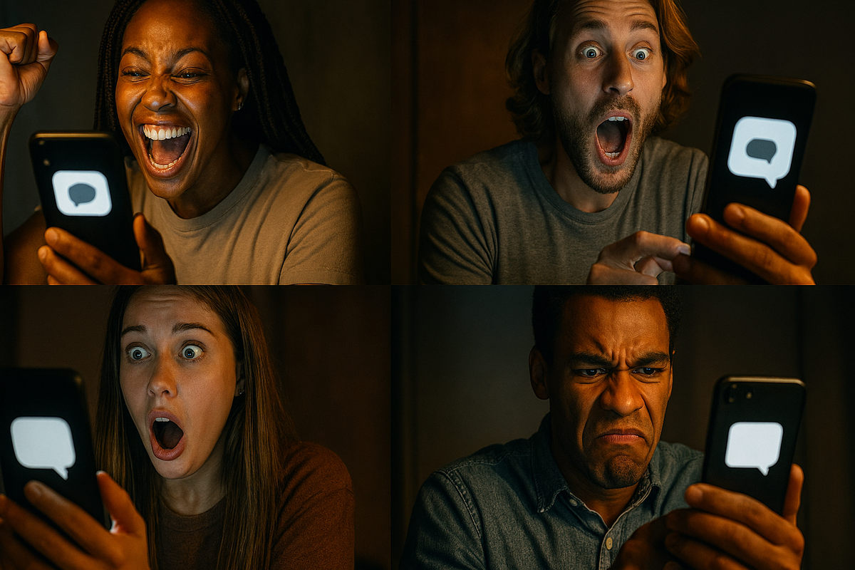 Four-panel smartphone reactions—ecstatic win, shocked awe, tense disbelief, bitter frustration; real-time drop drama, social buzz, collective emotion, viral moment.