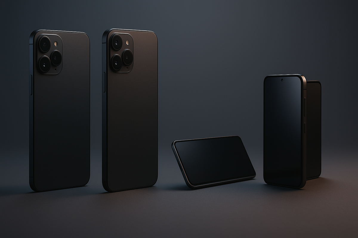 Concept lineup for iPhone 18 family—sleek Pro, larger Pro Max, ultra-thin Air, and a poised foldable—studio minimalism that sparks desire, choice, and upgrade dreams.
