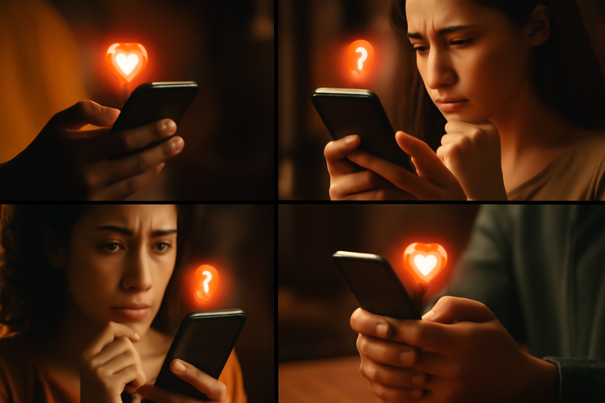 Real-time reactions to iPhone 18 leaks—phones with glowing hearts and question marks; buzz, wonder, doubt, and contagious excitement ripple across the social feed.