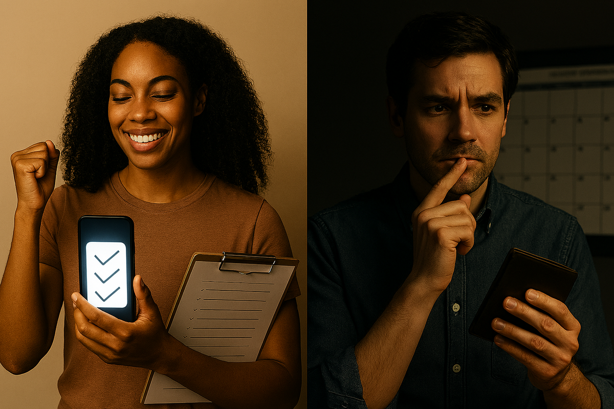 Buy or wait for iPhone 18? Split scene of a confident checklist-tapper and a cautious planner with wallet and calendar; balanced judgment, clarity, and calm resolve.
