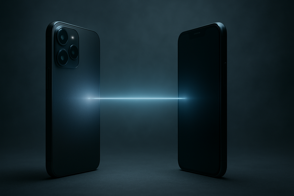 AirDrop rumor reality check—two phones linked by a fragile beam; peer-to-peer, encryption, anxiety vs relief, will the connection break or hold? clarity beats fear.