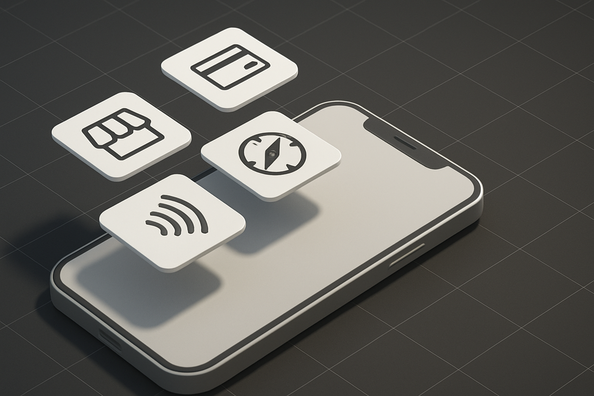 Regulated features under the new smartphone law—sideloading/app stores, third-party payments, browser engines, NFC access—icons hovering above a neutral phone; concrete change, control, empowerment, accountability.