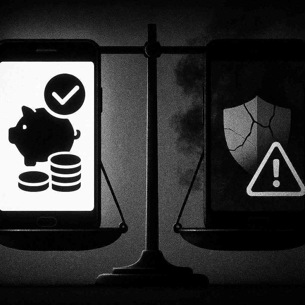 User pros and cons—smartphone scales weighing savings and choice against cracked-shield security risks; calm analysis meets real-world anxiety for a confident decision.
