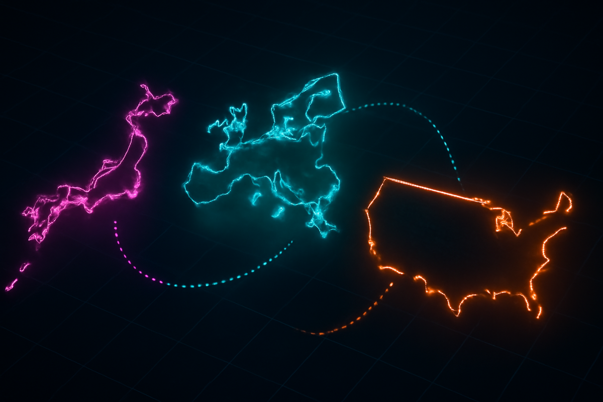 Japan, EU, and US smartphone regulation compared—neon maps joined by dotted paths; similarities, differences, DMA context, global momentum, policy convergence vs divergence.
