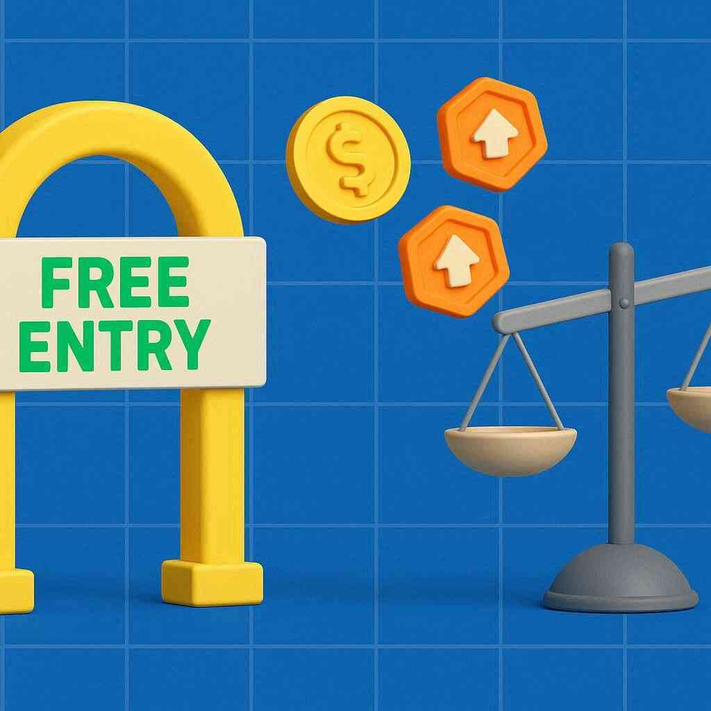 Free-to-play model decoded—open gate, coins and upgrade tokens, and a fairness scale; no pay-to-win anxiety, transparent economy, welcoming and balanced progression.