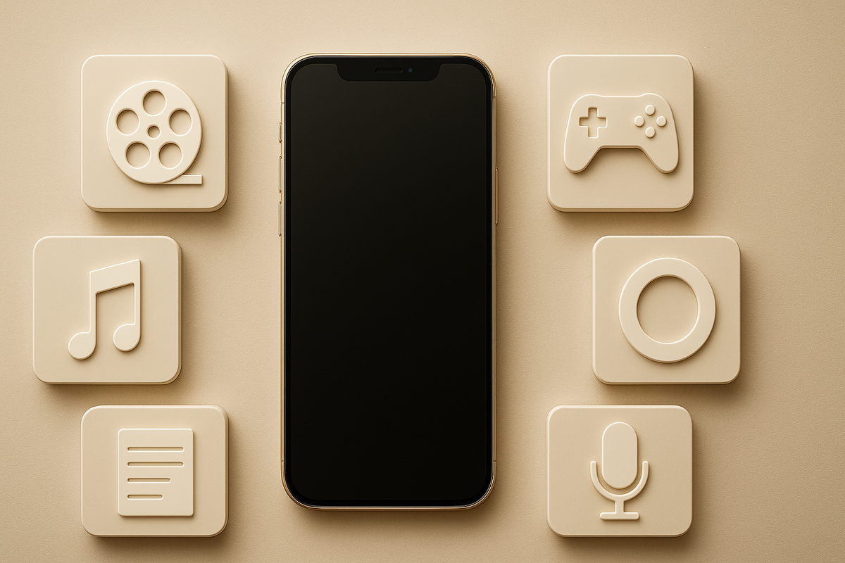 Minimal iPhone surrounded by neutral tiles for video, music, games, fitness, notes, and podcasts—elegant overview of SharePlay-compatible apps; curated choice, clean design, excited anticipation.