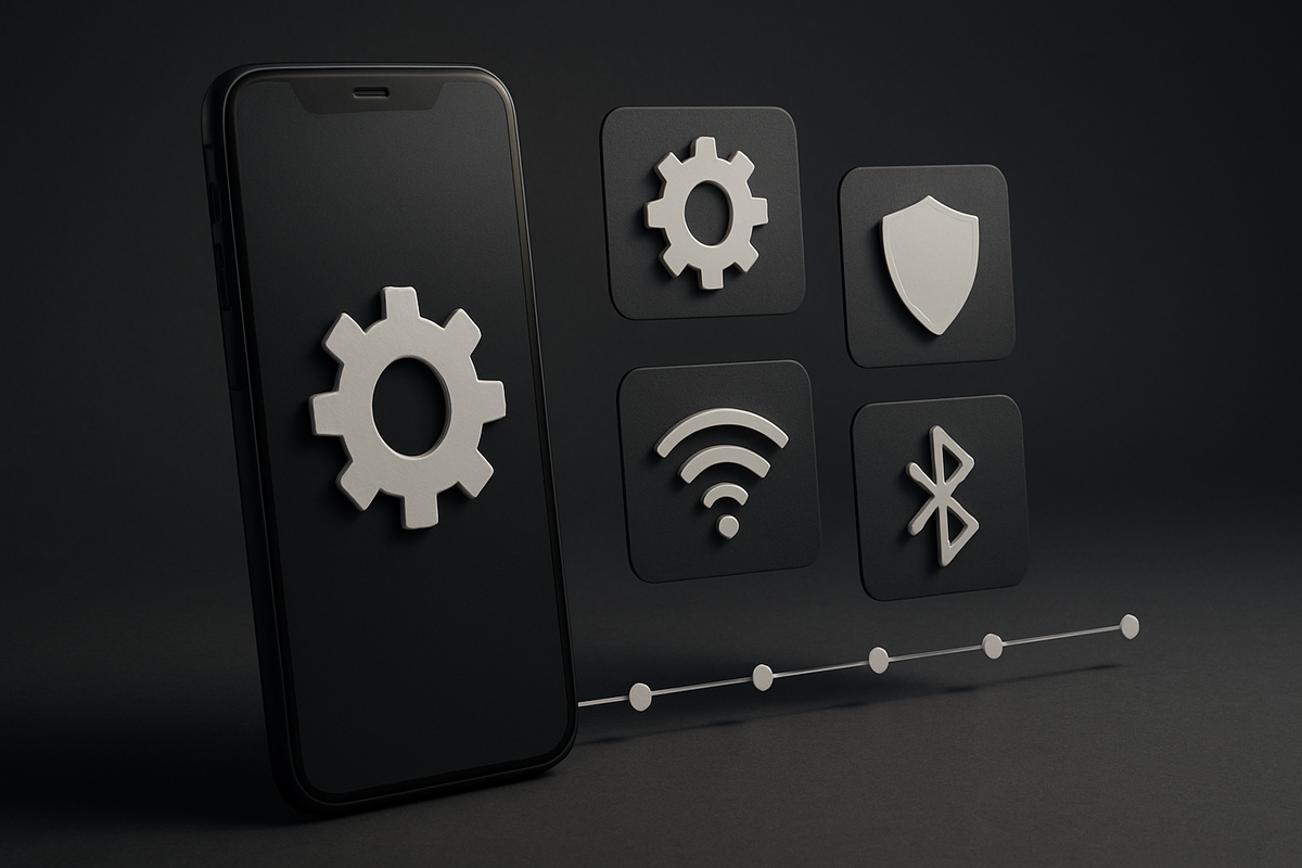 Settings-focused iPhone with gear, Wi-Fi, Bluetooth, and shield icons plus a version timeline—SharePlay requirements made simple: iOS readiness, stable network, privacy-minded trust, confident clarity.